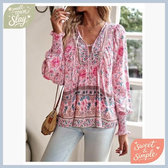 Floral Bishop Sleeve Tie Front Blouse, Viscose Material, Regular Fit - Picture 5 of 5